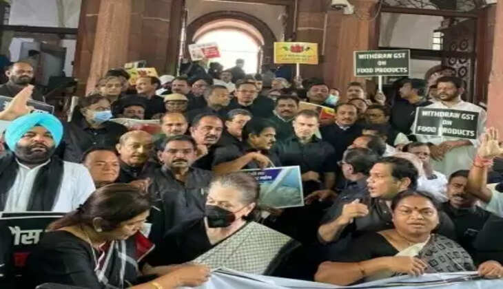 काले कपड़े और सब्जियों की माला पहनकर कांग्रेस सांसदों ने संसद भवन से किया मार्च
