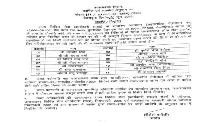 देहरादून - उत्तराखंड के&nbsp;इन 14 तहसीलदारों का हुआ प्रमोशन बने SDM, आदेश जारी&nbsp;