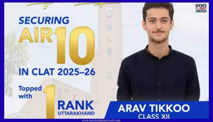हल्द्वानी - अरव टिक्कू ने CLAT-&nbsp;2026 परीक्षा में ऑल इंडिया 10 वीं रैंक की हासिल, साथ ही बने उत्तराखंड टॉपर